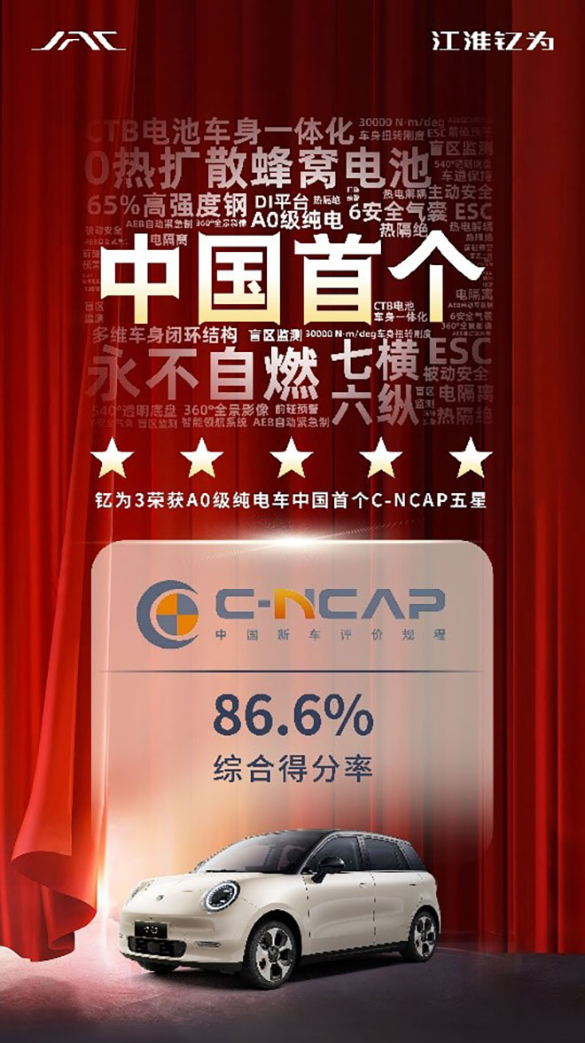钇为3摘得A0级纯电中国首个C-NCAP五星